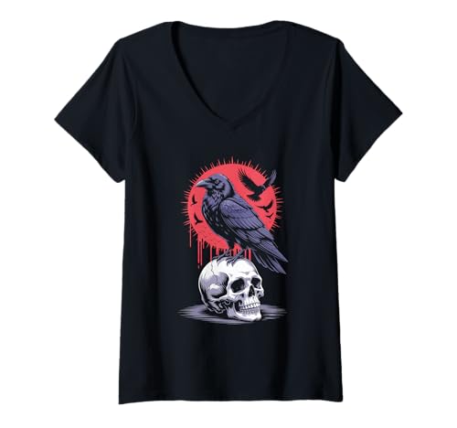 Damen Rabe sitzt auf Schädel Odin Wikinger nordische Mythologie T-Shirt mit V-Ausschnitt von nordische Kultur und Nordmänner Designs