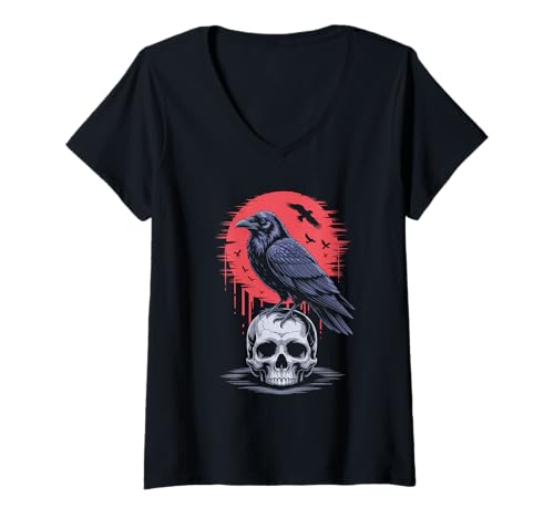 Damen Rabe sitzt auf Schädel Odin Wikinger nordische Mythologie T-Shirt mit V-Ausschnitt von nordische Kultur und Nordmänner Designs