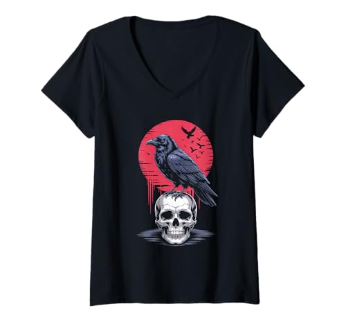 Damen Rabe sitzt auf Schädel Odin Wikinger nordische Mythologie T-Shirt mit V-Ausschnitt von nordische Kultur und Nordmänner Designs