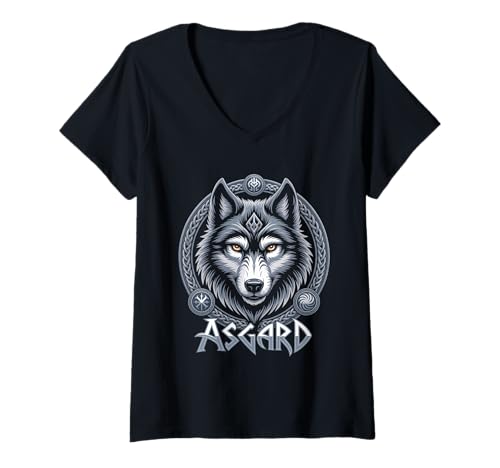Damen Wolf von Odin Asgard keltische Runen Wikinger Mythologie T-Shirt mit V-Ausschnitt von nordische Kultur und Nordmänner Designs
