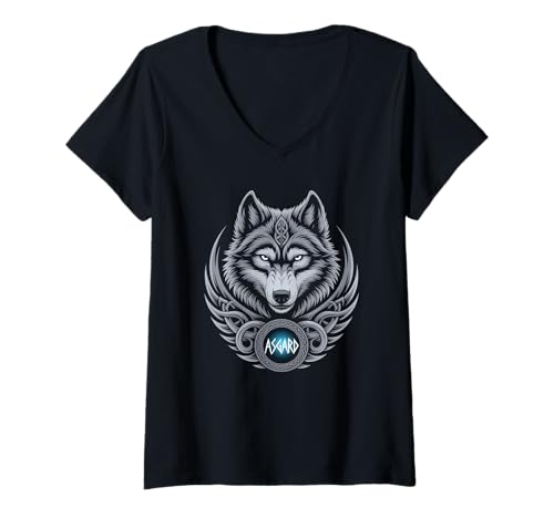 Damen Wolf von Odin Asgard keltische Runen Wikinger Mythologie T-Shirt mit V-Ausschnitt von nordische Kultur und Nordmänner Designs