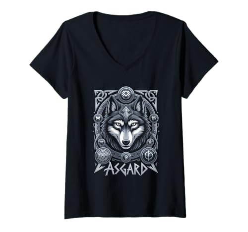 Damen Wolf von Odin Asgard keltische Runen Wikinger Mythologie T-Shirt mit V-Ausschnitt von nordische Kultur und Nordmänner Designs