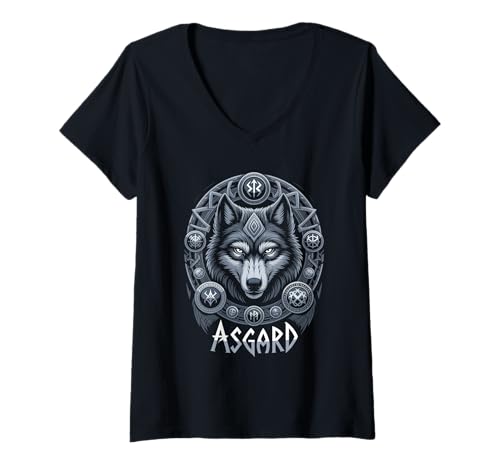 Damen Wolf von Odin Asgard keltische Runen Wikinger Mythologie T-Shirt mit V-Ausschnitt von nordische Kultur und Nordmänner Designs