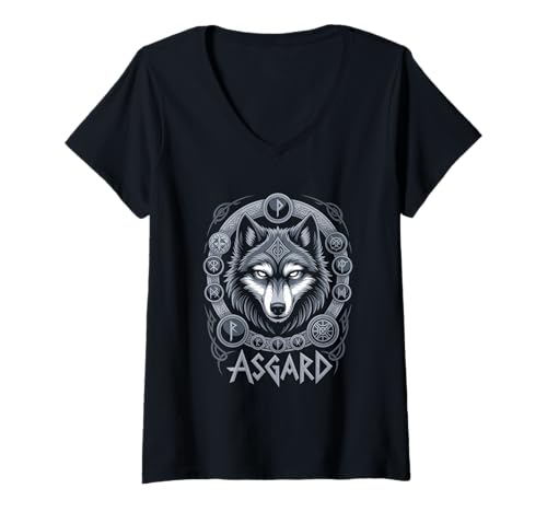 Damen Wolf von Odin Asgard keltische Runen Wikinger Mythologie T-Shirt mit V-Ausschnitt von nordische Kultur und Nordmänner Designs