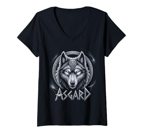Damen Wolf von Odin Asgard keltische Runen Wikinger Mythologie T-Shirt mit V-Ausschnitt von nordische Kultur und Nordmänner Designs