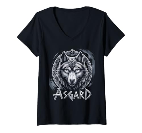 Damen Wolf von Odin Asgard keltische Runen Wikinger Mythologie T-Shirt mit V-Ausschnitt von nordische Kultur und Nordmänner Designs