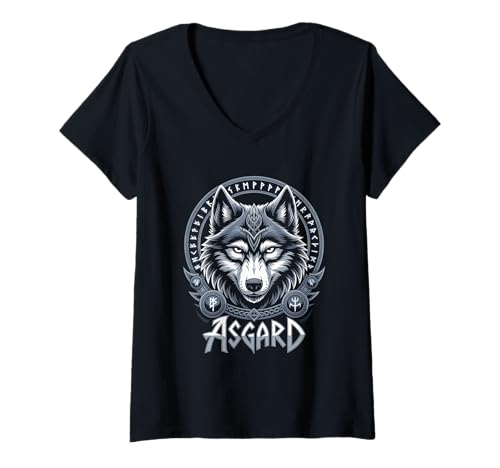 Damen Wolf von Odin Asgard keltische Runen Wikinger Mythologie T-Shirt mit V-Ausschnitt von nordische Kultur und Nordmänner Designs