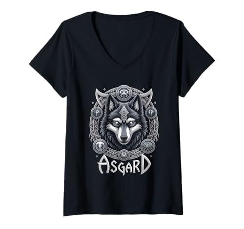 Damen Wolf von Odin Asgard keltische Runen Wikinger Mythologie T-Shirt mit V-Ausschnitt von nordische Kultur und Nordmänner Designs