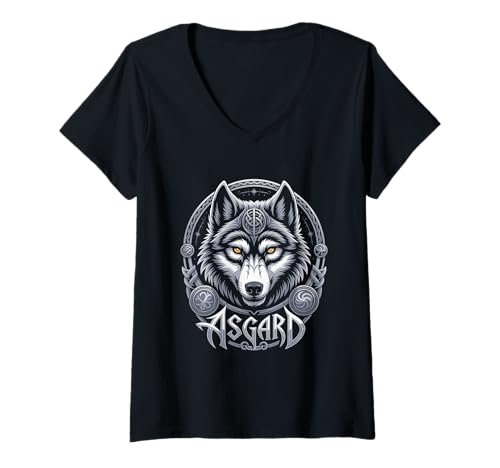 Damen Wolf von Odin Asgard keltische Runen Wikinger Mythologie T-Shirt mit V-Ausschnitt von nordische Kultur und Nordmänner Designs