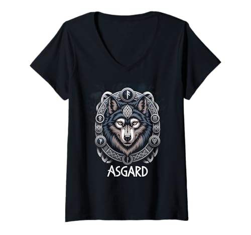 Damen Wolf von Odin Asgard keltische Runen Wikinger Mythologie T-Shirt mit V-Ausschnitt von nordische Kultur und Nordmänner Designs