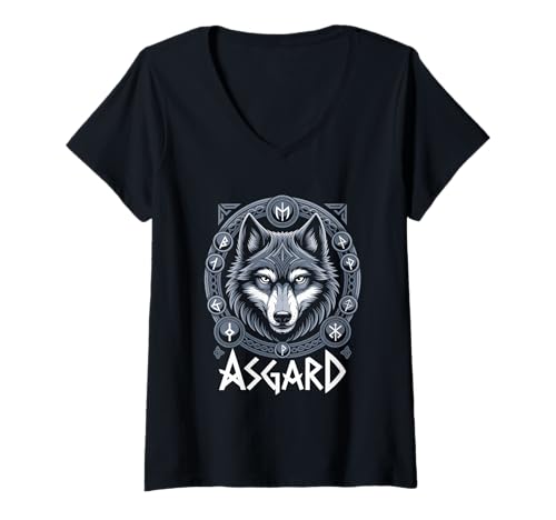 Damen Wolf von Odin Asgard keltische Runen Wikinger Mythologie T-Shirt mit V-Ausschnitt von nordische Kultur und Nordmänner Designs