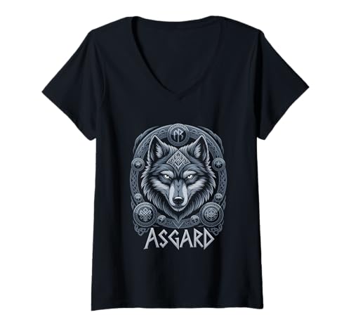 Damen Wolf von Odin Asgard keltische Runen Wikinger Mythologie T-Shirt mit V-Ausschnitt von nordische Kultur und Nordmänner Designs