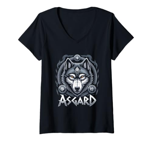 Damen Wolf von Odin Asgard keltische Runen Wikinger Mythologie T-Shirt mit V-Ausschnitt von nordische Kultur und Nordmänner Designs