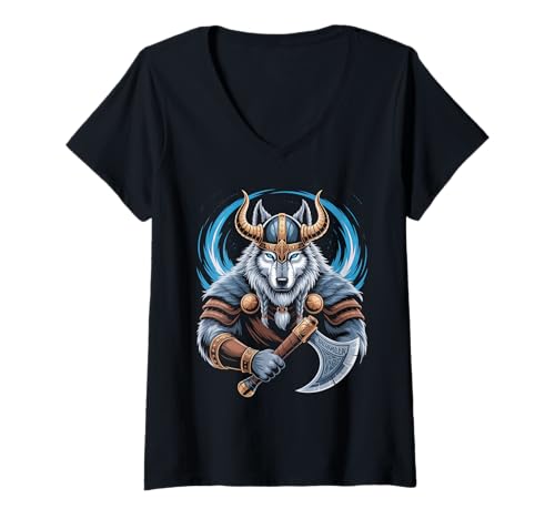 Damen Wolf von Odin Kater als Wikinger mit Axt Mythologie T-Shirt mit V-Ausschnitt von nordische Kultur und Nordmänner Designs