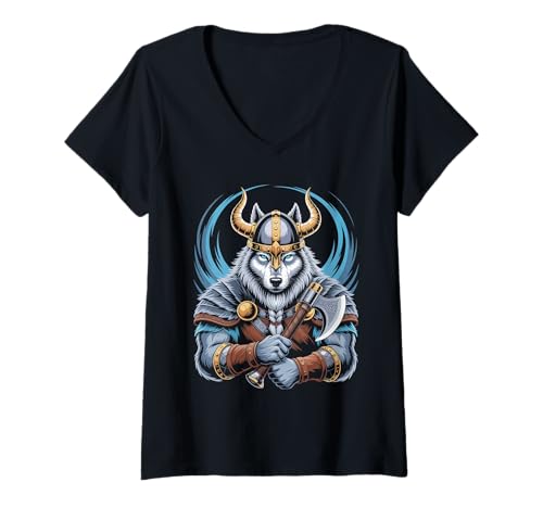 Damen Wolf von Odin Kater als Wikinger mit Axt Mythologie T-Shirt mit V-Ausschnitt von nordische Kultur und Nordmänner Designs