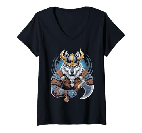 Damen Wolf von Odin Kater als Wikinger mit Axt Mythologie T-Shirt mit V-Ausschnitt von nordische Kultur und Nordmänner Designs