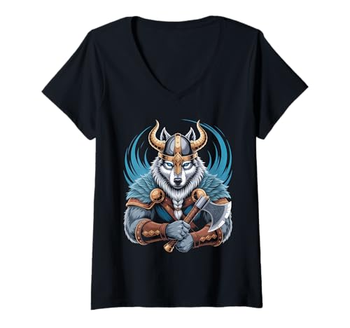 Damen Wolf von Odin Kater als Wikinger mit Axt Mythologie T-Shirt mit V-Ausschnitt von nordische Kultur und Nordmänner Designs
