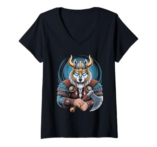 Damen Wolf von Odin Kater als Wikinger mit Axt Mythologie T-Shirt mit V-Ausschnitt von nordische Kultur und Nordmänner Designs
