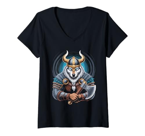 Damen Wolf von Odin Kater als Wikinger mit Axt Mythologie T-Shirt mit V-Ausschnitt von nordische Kultur und Nordmänner Designs