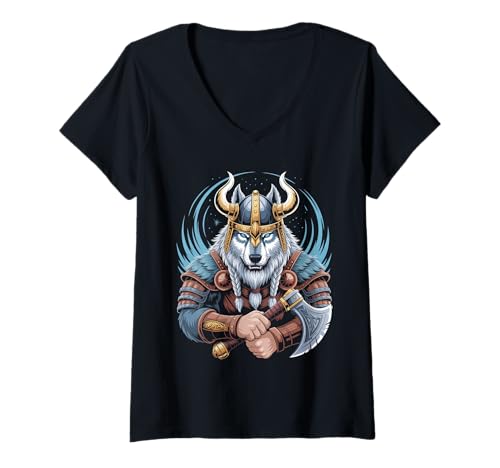 Damen Wolf von Odin Kater als Wikinger mit Axt Mythologie T-Shirt mit V-Ausschnitt von nordische Kultur und Nordmänner Designs