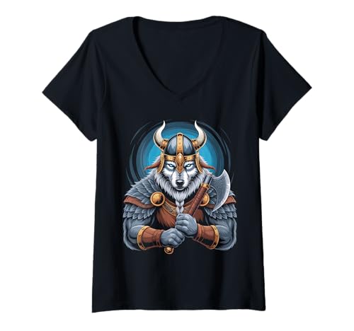 Damen Wolf von Odin Kater als Wikinger mit Axt Mythologie T-Shirt mit V-Ausschnitt von nordische Kultur und Nordmänner Designs