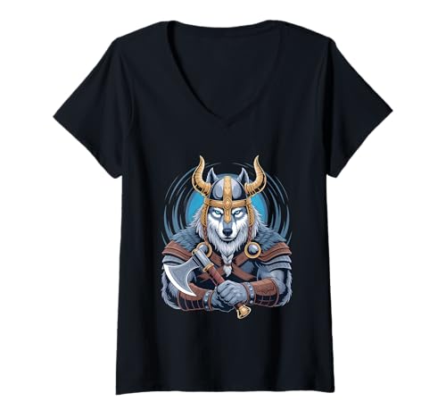 Damen Wolf von Odin Kater als Wikinger mit Axt Mythologie T-Shirt mit V-Ausschnitt von nordische Kultur und Nordmänner Designs