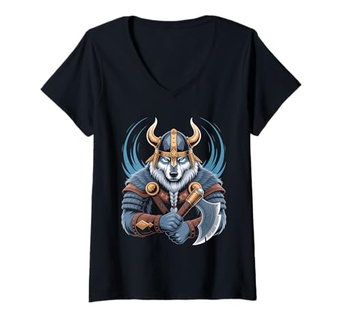 Damen Wolf von Odin Kater als Wikinger mit Axt Mythologie T-Shirt mit V-Ausschnitt von nordische Kultur und Nordmänner Designs