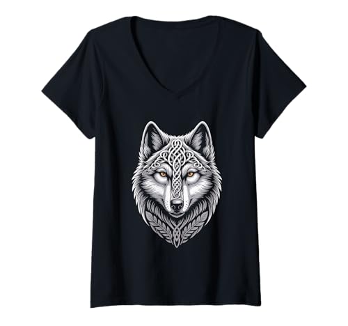 Damen Wolf von Odin Knotenmuster Wikinger nordische Mythologie T-Shirt mit V-Ausschnitt von nordische Kultur und Nordmänner Designs