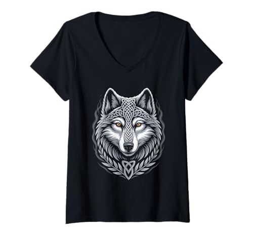 Damen Wolf von Odin Knotenmuster Wikinger nordische Mythologie T-Shirt mit V-Ausschnitt von nordische Kultur und Nordmänner Designs