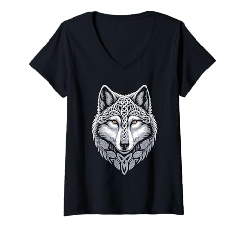Damen Wolf von Odin Knotenmuster Wikinger nordische Mythologie T-Shirt mit V-Ausschnitt von nordische Kultur und Nordmänner Designs