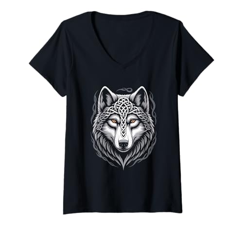 Damen Wolf von Odin Knotenmuster Wikinger nordische Mythologie T-Shirt mit V-Ausschnitt von nordische Kultur und Nordmänner Designs