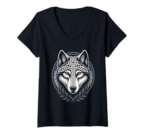 Damen Wolf von Odin Knotenmuster Wikinger nordische Mythologie T-Shirt mit V-Ausschnitt von nordische Kultur und Nordmänner Designs