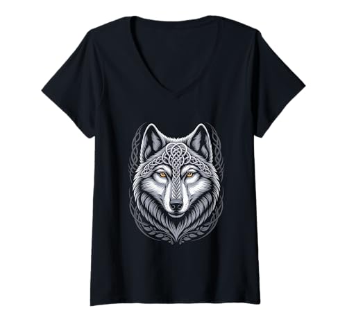 Damen Wolf von Odin Knotenmuster Wikinger nordische Mythologie T-Shirt mit V-Ausschnitt von nordische Kultur und Nordmänner Designs