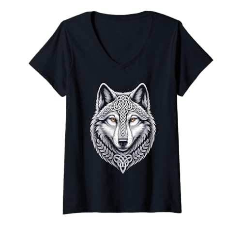 Damen Wolf von Odin Knotenmuster Wikinger nordische Mythologie T-Shirt mit V-Ausschnitt von nordische Kultur und Nordmänner Designs