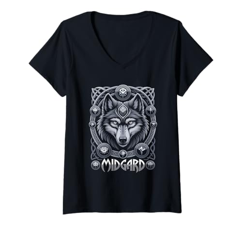 Damen Wolf von Odin Midgard keltische Runen Wikinger Mythologie T-Shirt mit V-Ausschnitt von nordische Kultur und Nordmänner Designs
