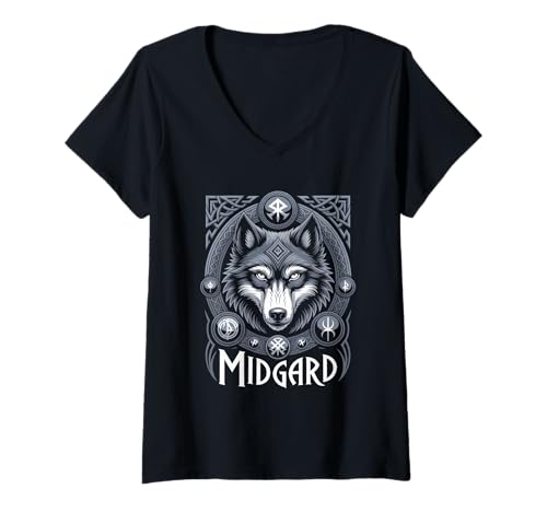 Damen Wolf von Odin Midgard keltische Runen Wikinger Mythologie T-Shirt mit V-Ausschnitt von nordische Kultur und Nordmänner Designs