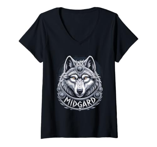 Damen Wolf von Odin Midgard keltische Runen Wikinger Mythologie T-Shirt mit V-Ausschnitt von nordische Kultur und Nordmänner Designs