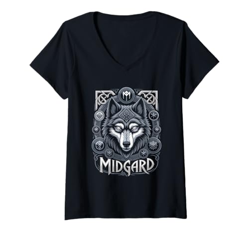 Damen Wolf von Odin Midgard keltische Runen Wikinger Mythologie T-Shirt mit V-Ausschnitt von nordische Kultur und Nordmänner Designs