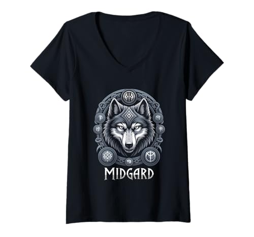 Damen Wolf von Odin Midgard keltische Runen Wikinger Mythologie T-Shirt mit V-Ausschnitt von nordische Kultur und Nordmänner Designs