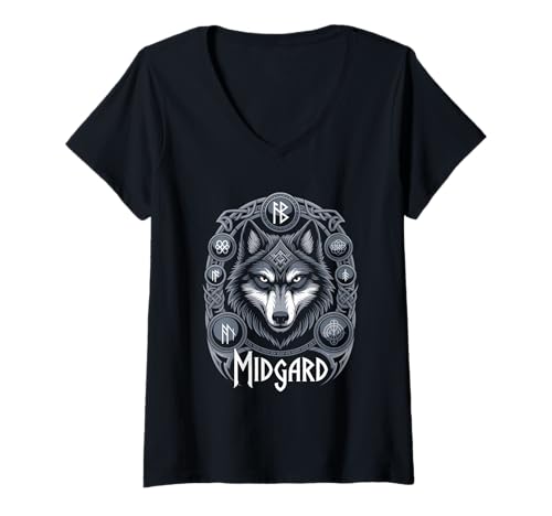 Damen Wolf von Odin Midgard keltische Runen Wikinger Mythologie T-Shirt mit V-Ausschnitt von nordische Kultur und Nordmänner Designs