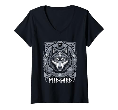 Damen Wolf von Odin Midgard keltische Runen Wikinger Mythologie T-Shirt mit V-Ausschnitt von nordische Kultur und Nordmänner Designs