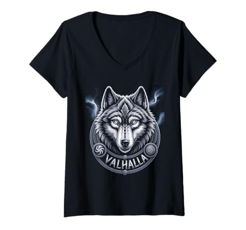 Damen Wolf von Odin Valhalla keltische Runen Wikinger Mythologie T-Shirt mit V-Ausschnitt von nordische Kultur und Nordmänner Designs