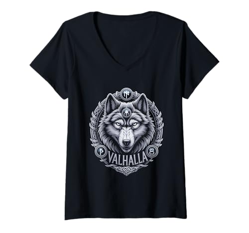 Damen Wolf von Odin Valhalla keltische Runen Wikinger Mythologie T-Shirt mit V-Ausschnitt von nordische Kultur und Nordmänner Designs