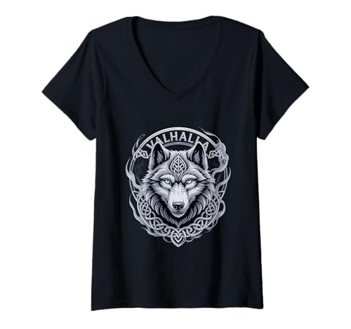 Damen Wolf von Odin Valhalla keltische Runen Wikinger Mythologie T-Shirt mit V-Ausschnitt von nordische Kultur und Nordmänner Designs