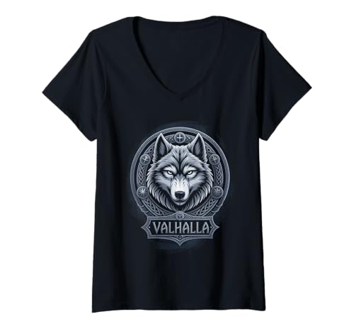 Damen Wolf von Odin Valhalla keltische Runen Wikinger Mythologie T-Shirt mit V-Ausschnitt von nordische Kultur und Nordmänner Designs