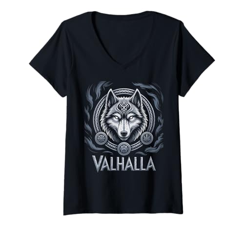 Damen Wolf von Odin Valhalla keltische Runen Wikinger Mythologie T-Shirt mit V-Ausschnitt von nordische Kultur und Nordmänner Designs