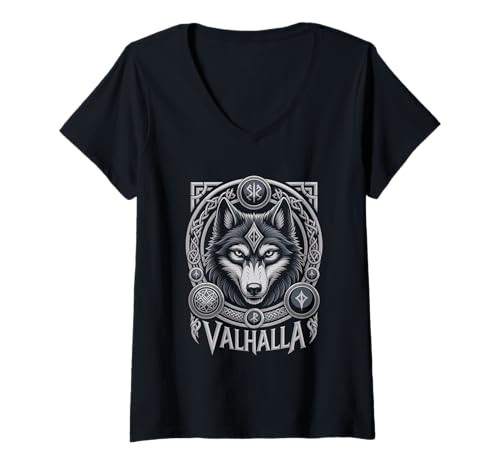 Damen Wolf von Odin Valhalla keltische Runen Wikinger Mythologie T-Shirt mit V-Ausschnitt von nordische Kultur und Nordmänner Designs