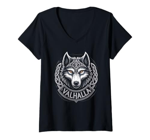 Damen Wolf von Odin Valhalla keltische Runen Wikinger Mythologie T-Shirt mit V-Ausschnitt von nordische Kultur und Nordmänner Designs
