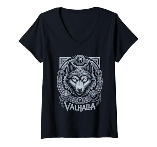 Damen Wolf von Odin Valhalla keltische Runen Wikinger Mythologie T-Shirt mit V-Ausschnitt von nordische Kultur und Nordmänner Designs