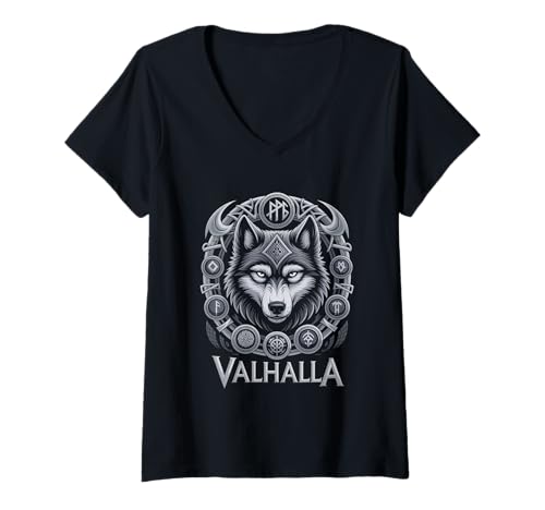 Damen Wolf von Odin Valhalla keltische Runen Wikinger Mythologie T-Shirt mit V-Ausschnitt von nordische Kultur und Nordmänner Designs